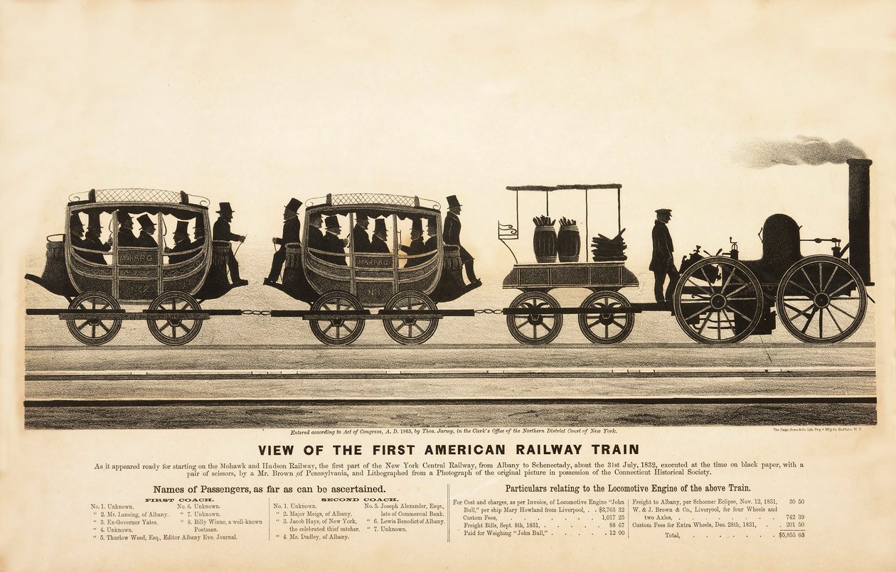 Vista do primeiro trem ferroviário americano, pub. 1865 de American School