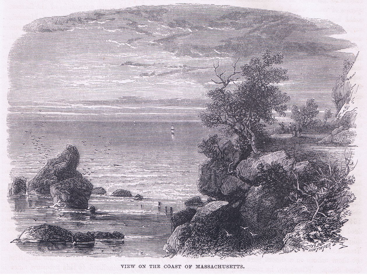 Vista da costa de Massachusetts 1644, ilustração de Cassell