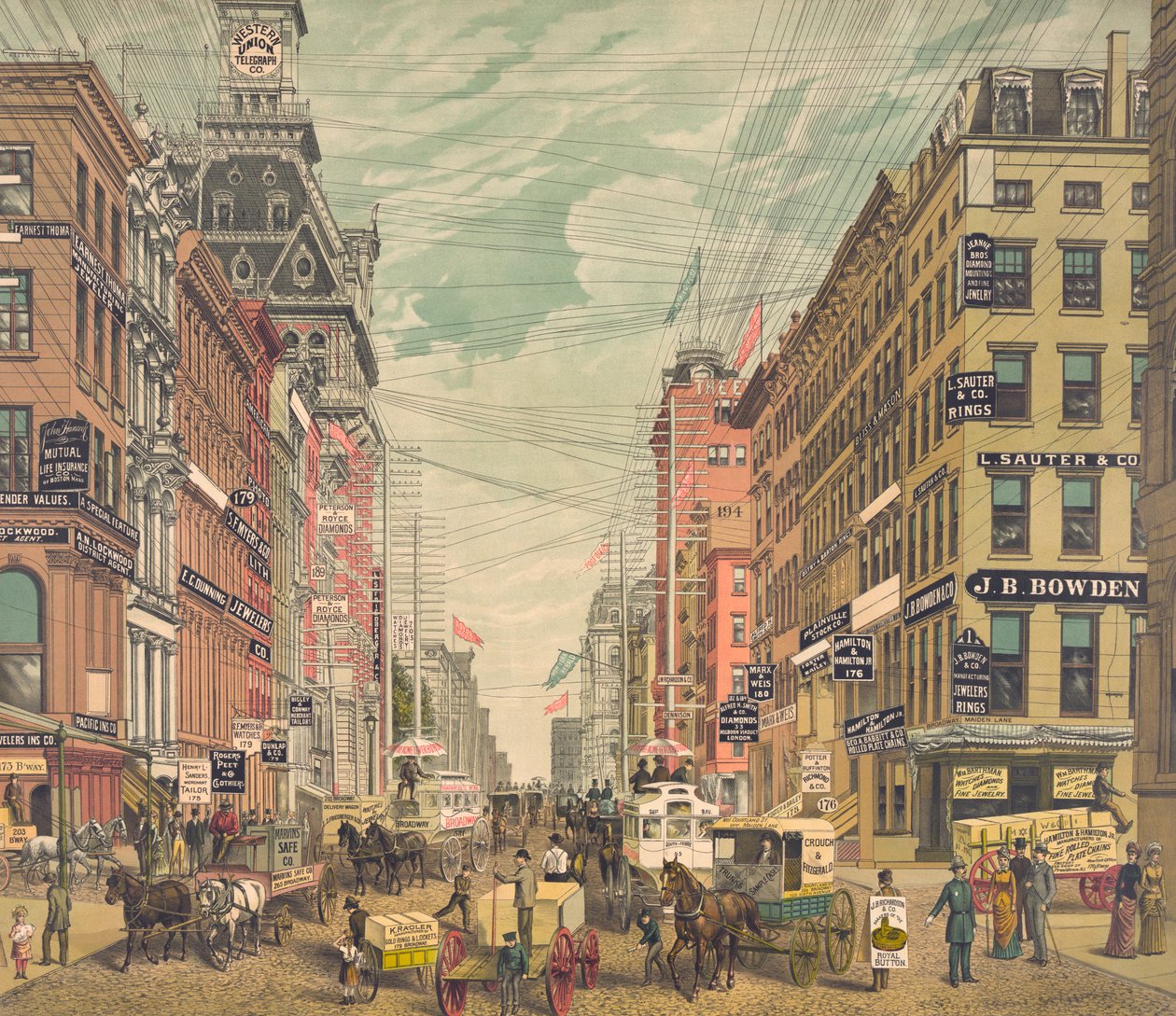 Vista vintage da Broadway na cidade de Nova Iorque, c.1880 (cromolitografia) de American School