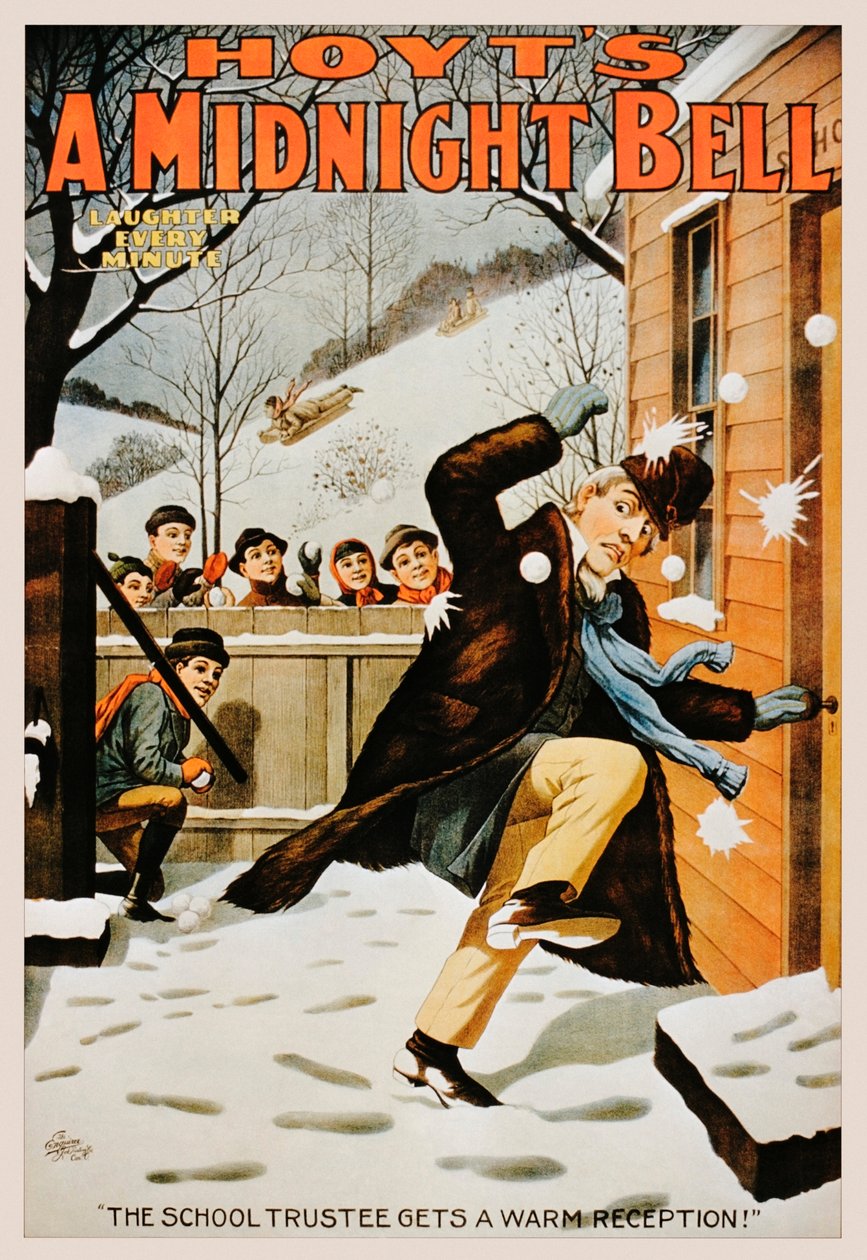 Pôster vintage de meninos jogando bolas de neve em um homem, 1890-99 de American School