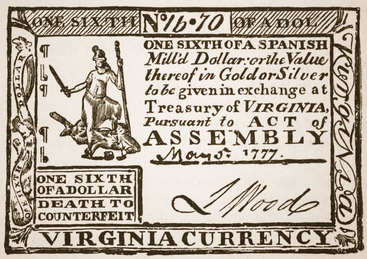 Moeda da Virgínia, igual a um sexto de um dólar espanhol, 1777 de American School