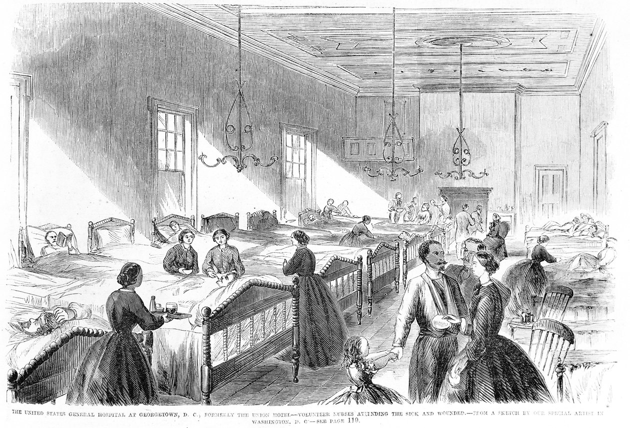 Enfermeiras voluntárias que frequentam os doentes no Hospital Geral dos EUA em Georgetown, de Frank Leslies Illustrated Newspaper, 6 de julho de 1861 de American School