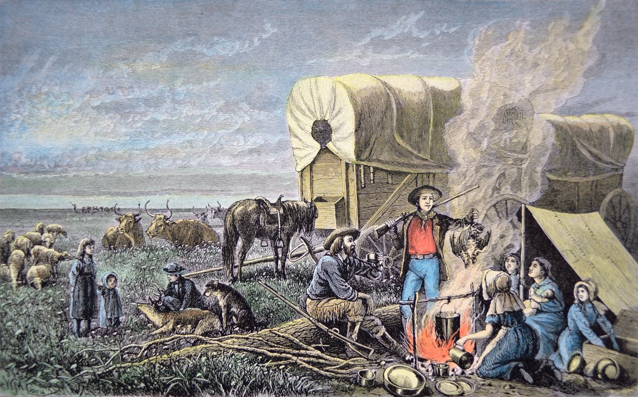 Vagões emigrantes para o oeste (gravura colorida) de American School