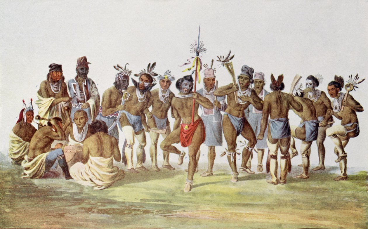Dança de guerra dos Sauks e das raposas, ilustração "dos tribos indianos de America do Norte, Vol.1", por Thomas L. McKenney e por James Salão, bar. John Grant de American School