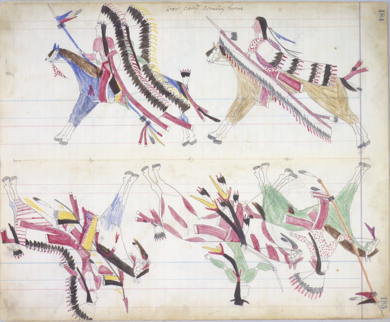 Festa de guerra chegando em casa, ilustração do livro Black Horse Ledger, 1877-79 (lápis e giz de cera no papel) de American School