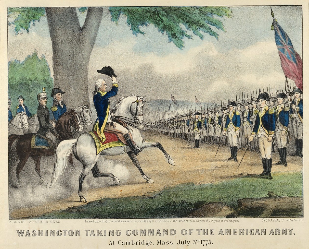 Washington assume o comando do exército americano, em Cambridge, Massachusetts, a 3 de julho de American School