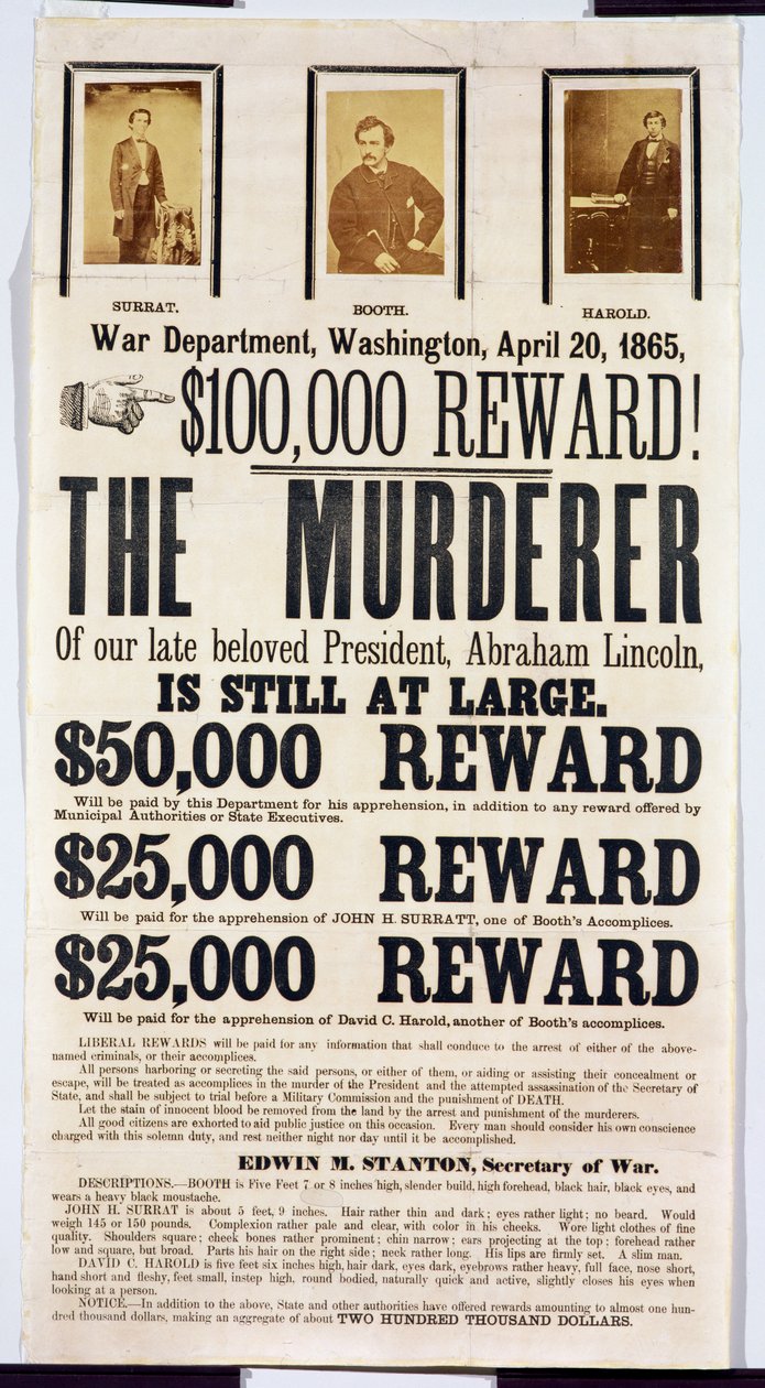 Cartaz do Departamento de Guerra de Washington anunciando uma recompensa de US $ 100 mil por encontrar o assassino de Abraham Lincoln, 20 de abril de 1865 de American School