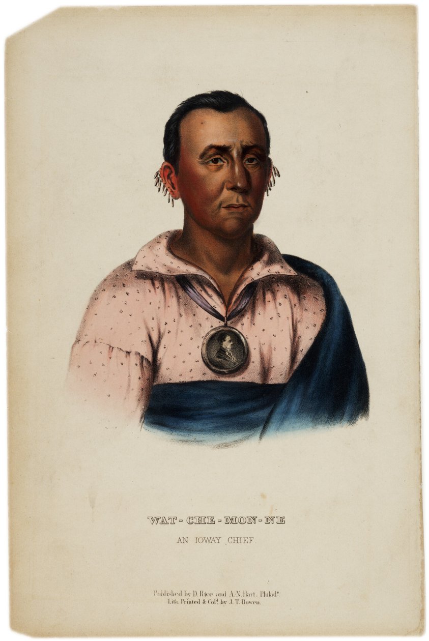 Wat-Che-Mon-Ne, chefe de Ioway, impressão feita por JT Bowen, ilustração da história das tribos indígenas da América do Norte por Thomas L. McKenney e James Hall, c.1842-70 de American School