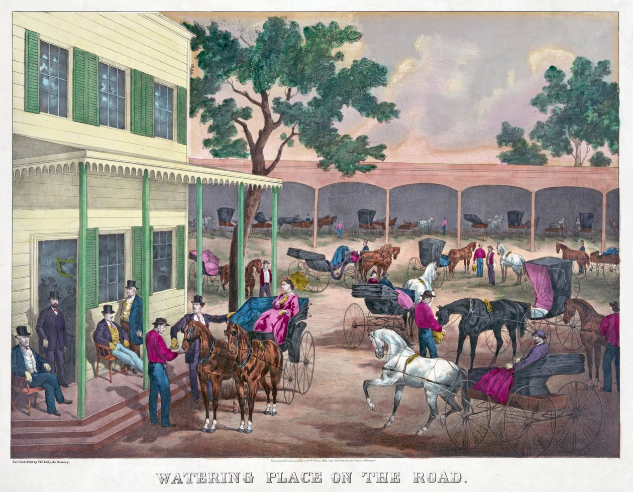 Watering Place on the Road, pub. 1870 (gravura colorida à mão) de American School