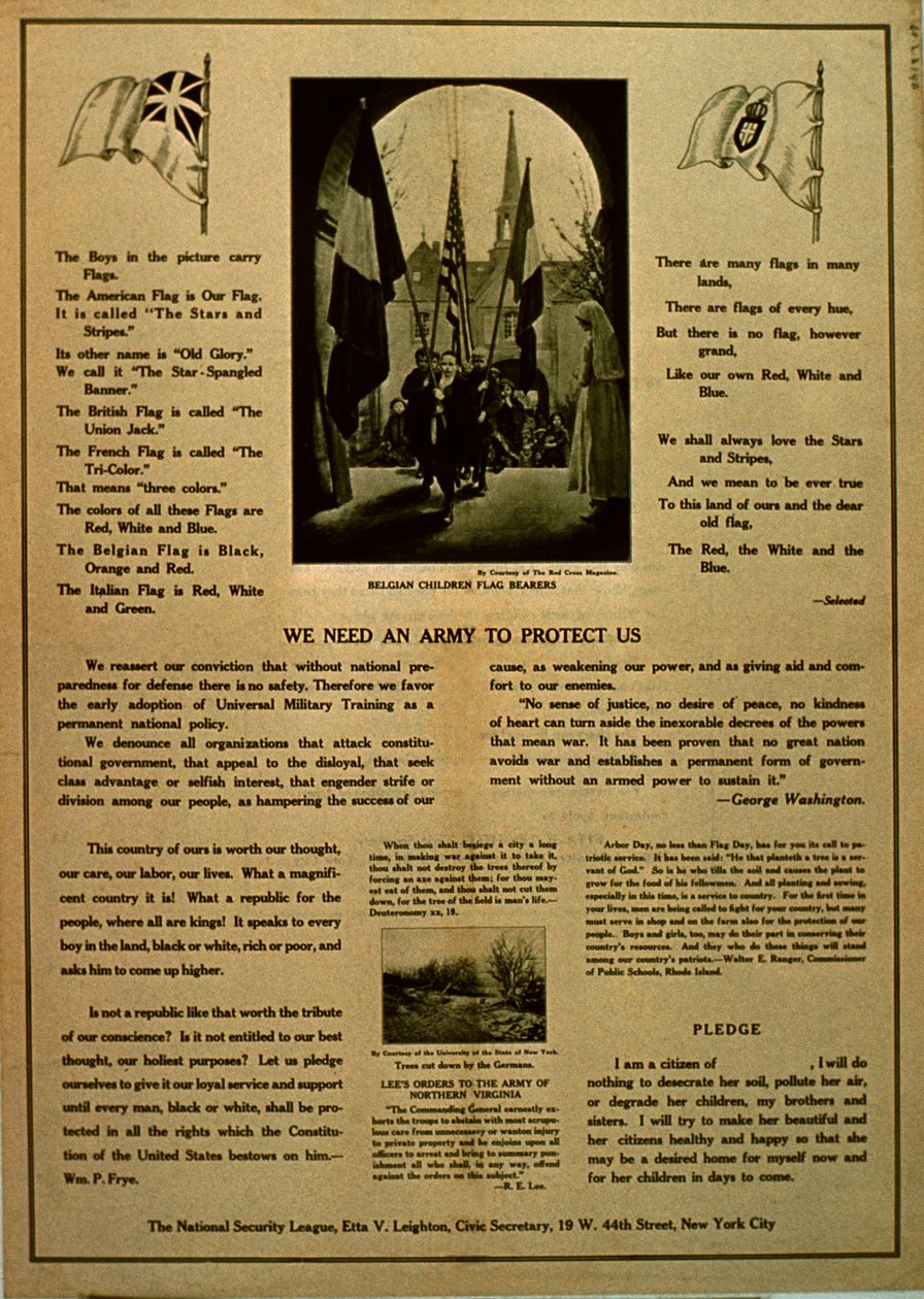 Precisamos de um exército para nos proteger, panfleto de propaganda da Liga Nacional de Segurança, c.1914-18 de American School