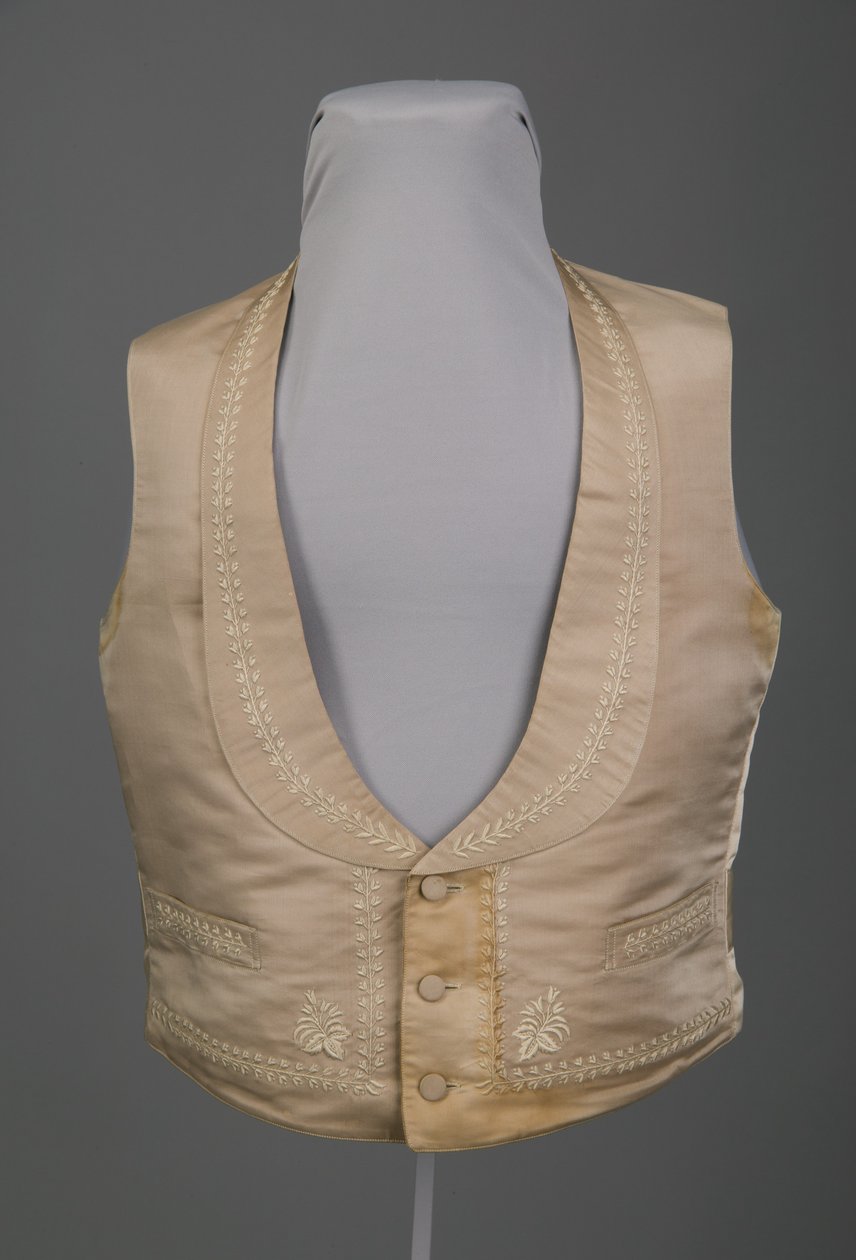 Colete de noiva, ca.1855 (vista frontal), brocado de seda, bordado em linha de seda, linho, Wallin & O