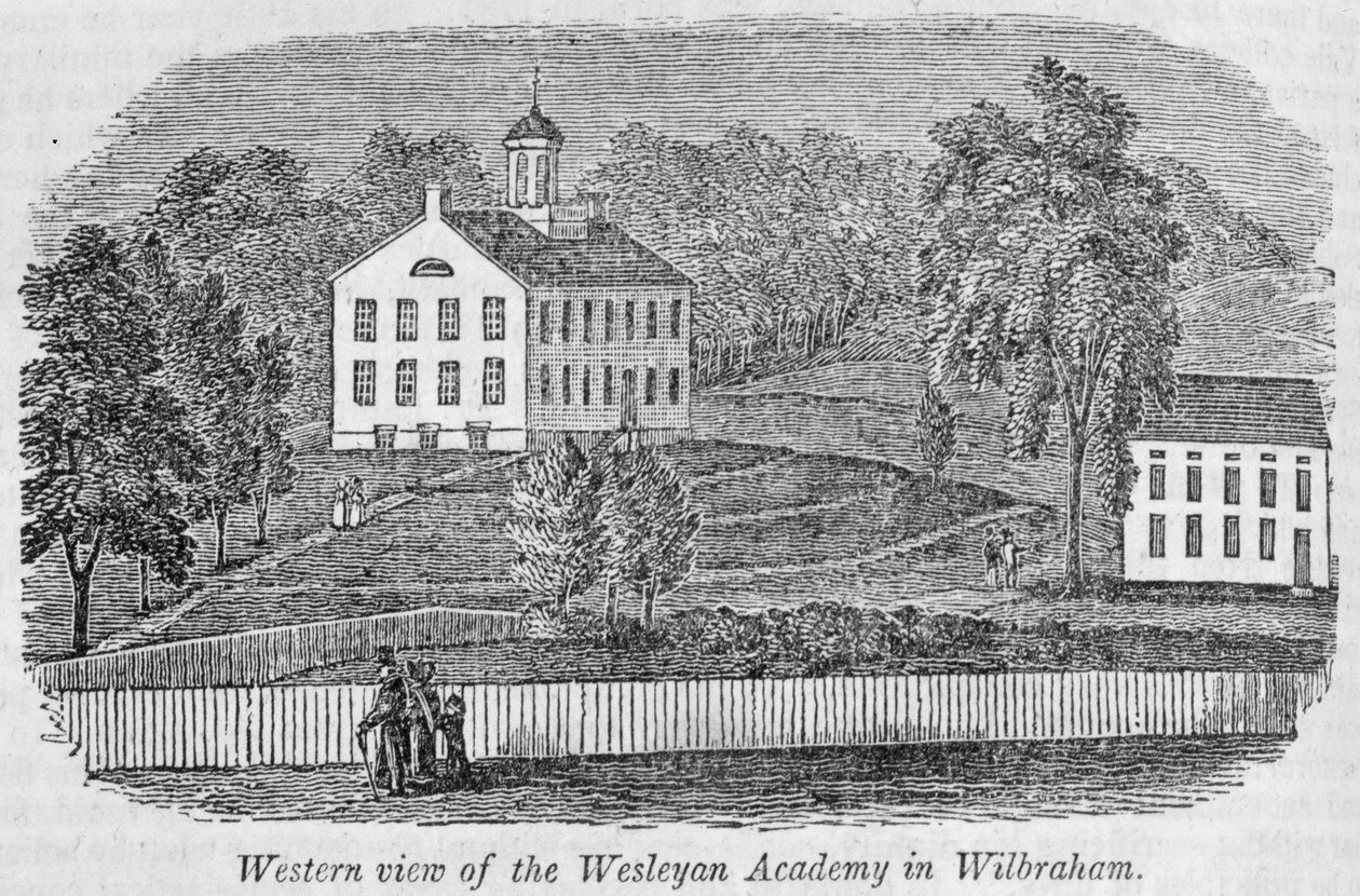 Visão ocidental da Academia Wesleyana em Wilbraham, de "Coleções históricas de Massachusetts", de John Warner Barber, 1839 (gravura) de American School