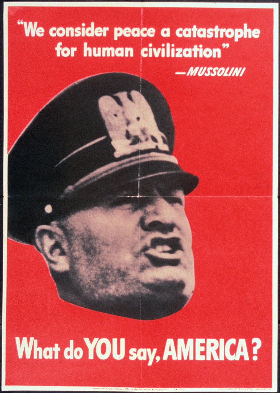 "O que você diz AMÉRICA?", cartaz da 2ª Guerra Mundial dos EUA com rosto de Mussolini, Anon, c.1942 de American School