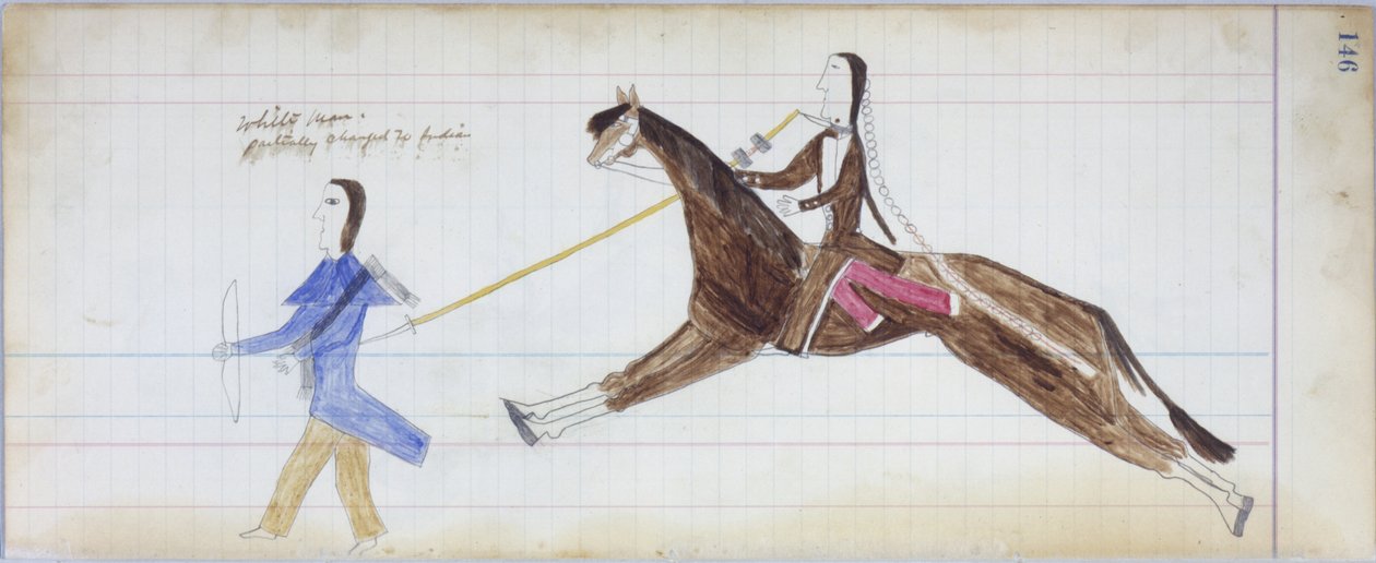 Homem branco parcialmente mudado para índio, ilustração do livro Black Horse Ledger, 1877-79 (lápis e crayon no papel) de American School
