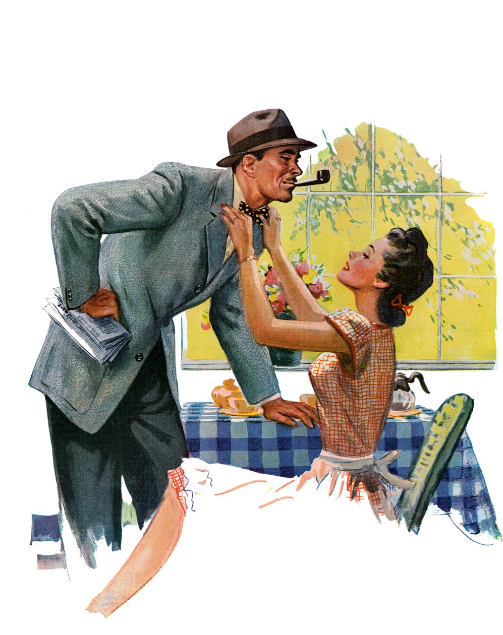 A mulher a ajustar a gravata do marido antes de ele sair para o trabalho de American School