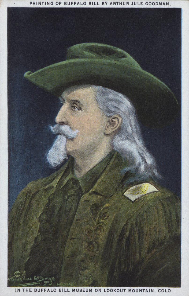 William "Buffalo Bill" Cody, batedor americano, caçador de búfalos e homem do espetáculo (litografia a cores) de American School