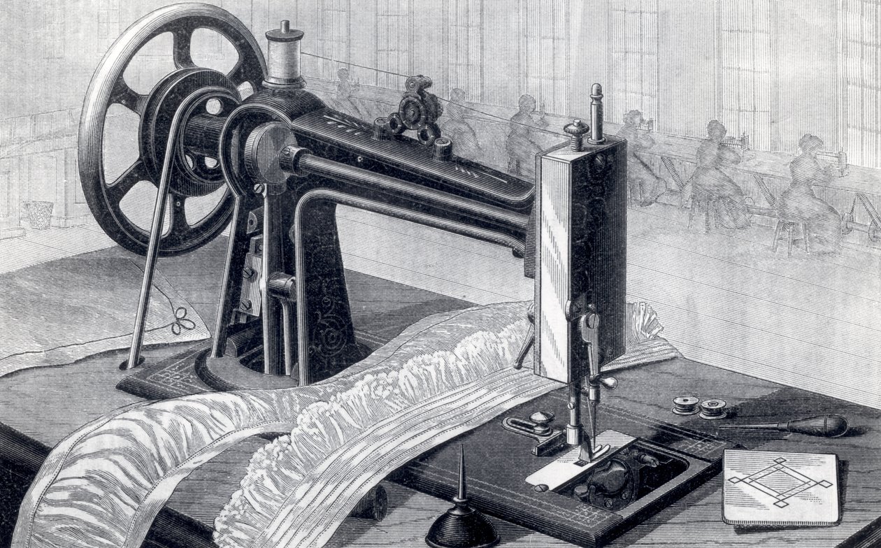 Máquina de costura de Wilson, mostrando o acionamento por correia do pedal e da lata de óleo, da Park Cyclopedia of Applied Machines, publicada em 1880 de American School