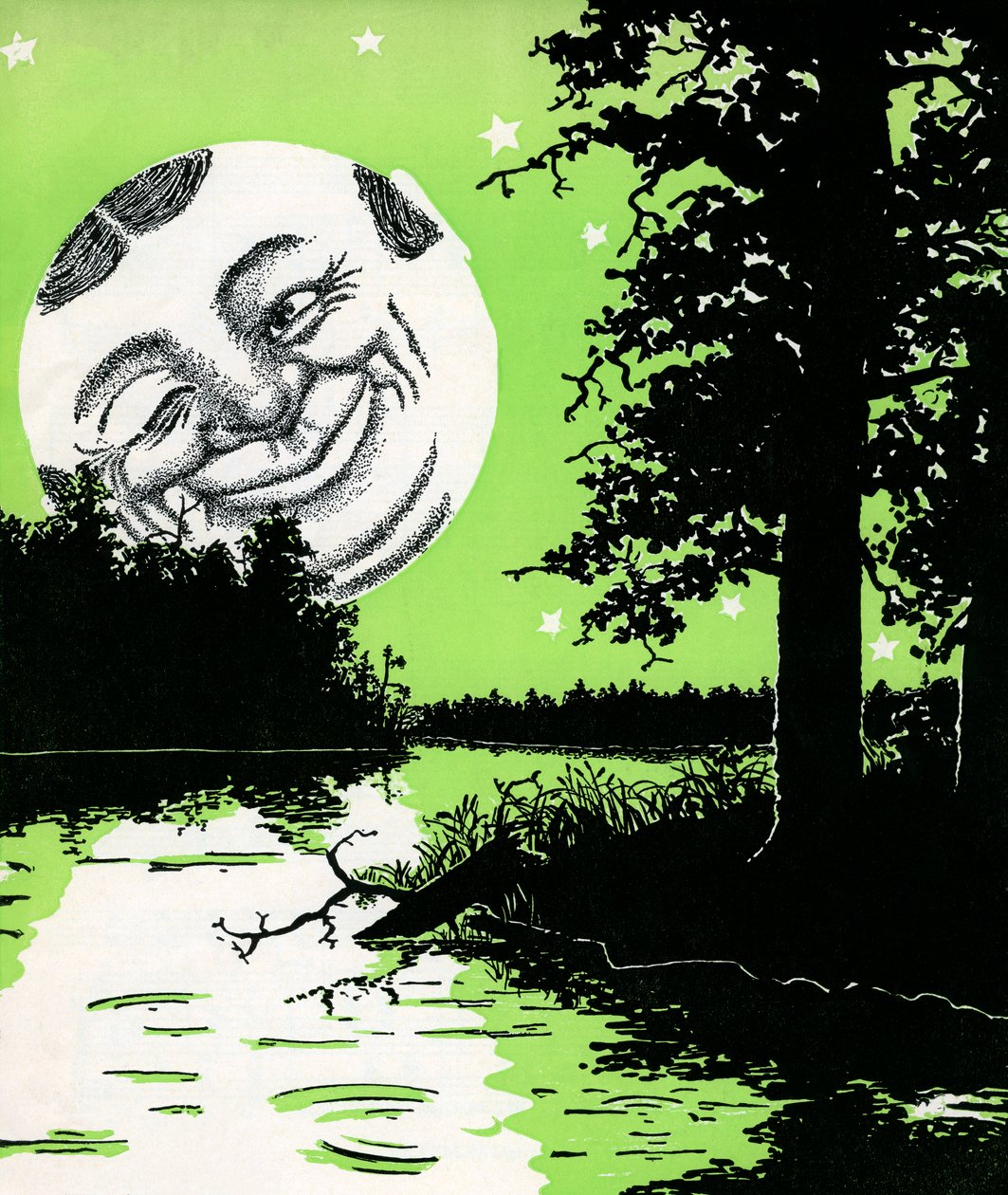 O "Homem na Lua" a piscar de olhos e a erguer-se sobre uma paisagem fluvial de American School