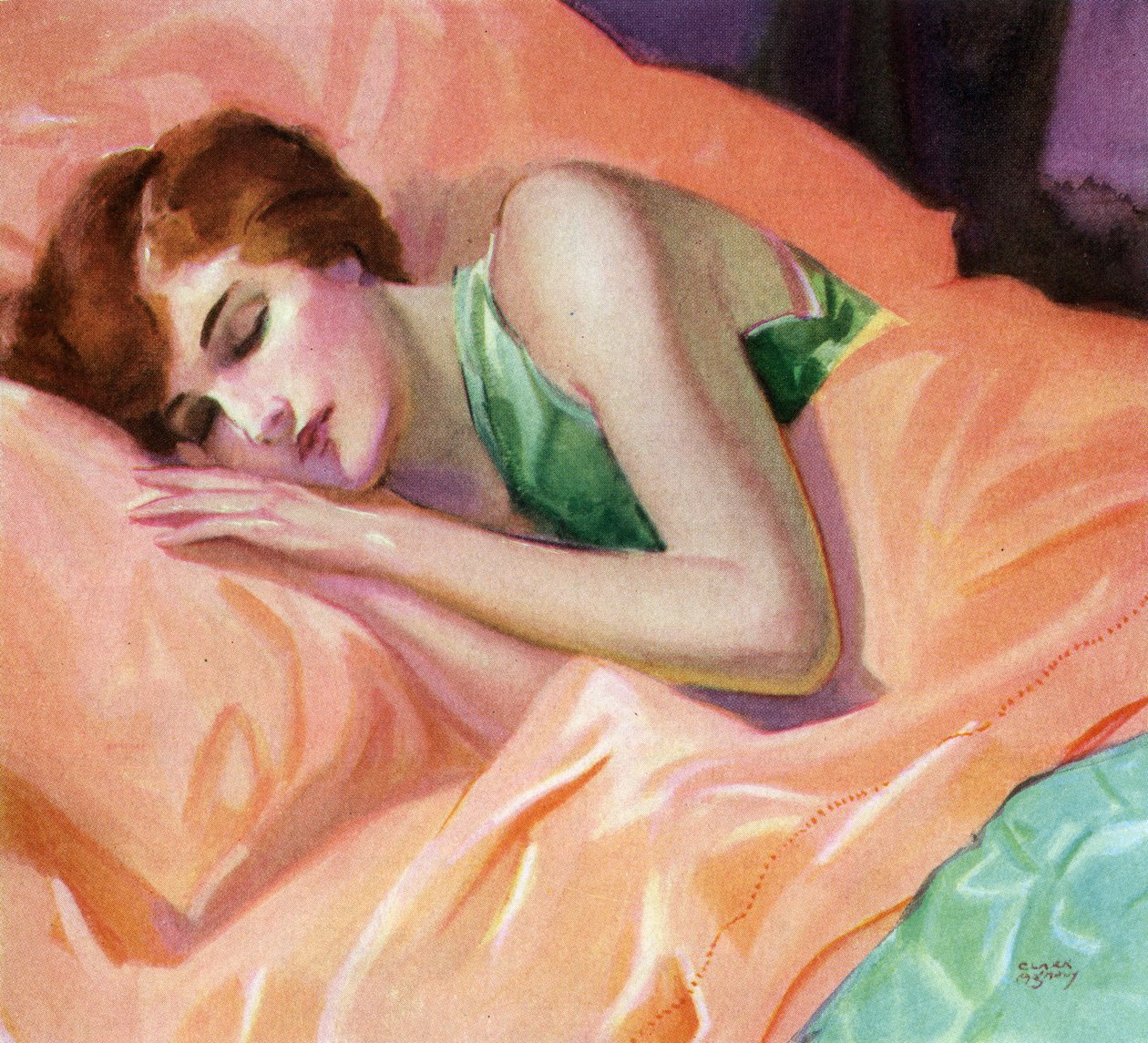 Mulher a dormir em lençóis cor de pêssego de American School
