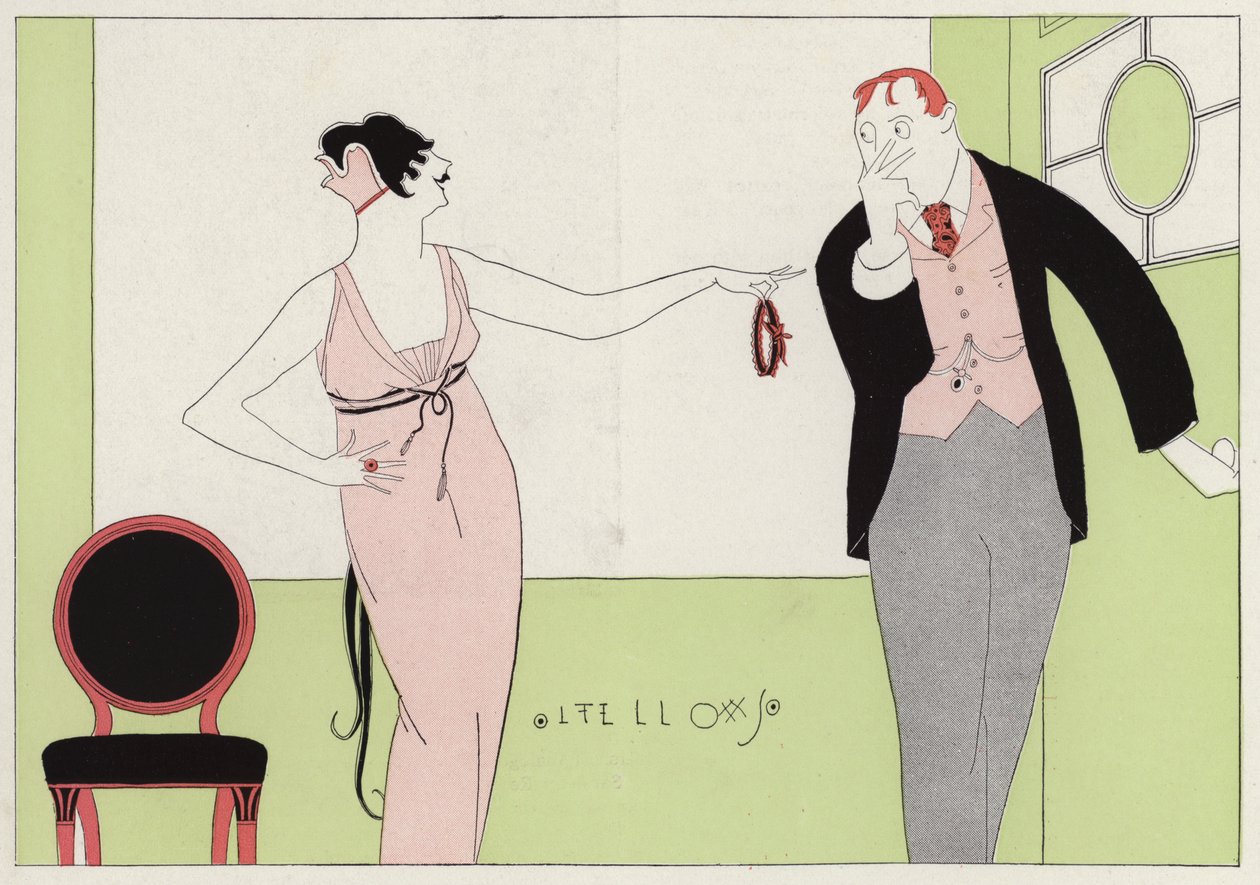 Mulher a acusar o marido de infidelidade, uma cena do conto "Circumstantial Tokens", de J. A. Waldron (litografia a cores) de American School