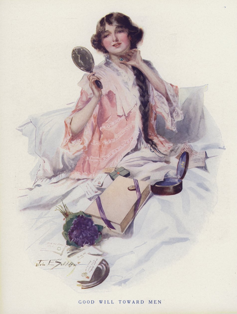Mulher a olhar para as prendas dos seus admiradores (litografia a cores) de American School