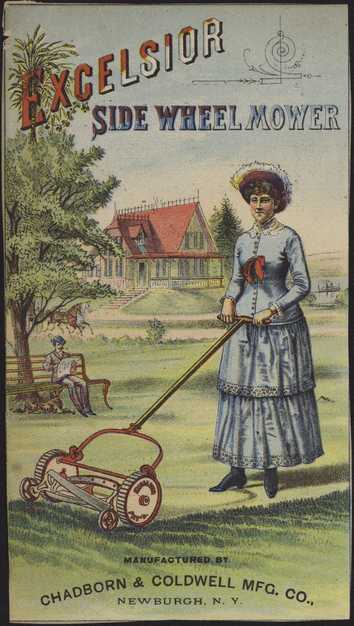 Mulher a cortar a relva (cromolito) de American School