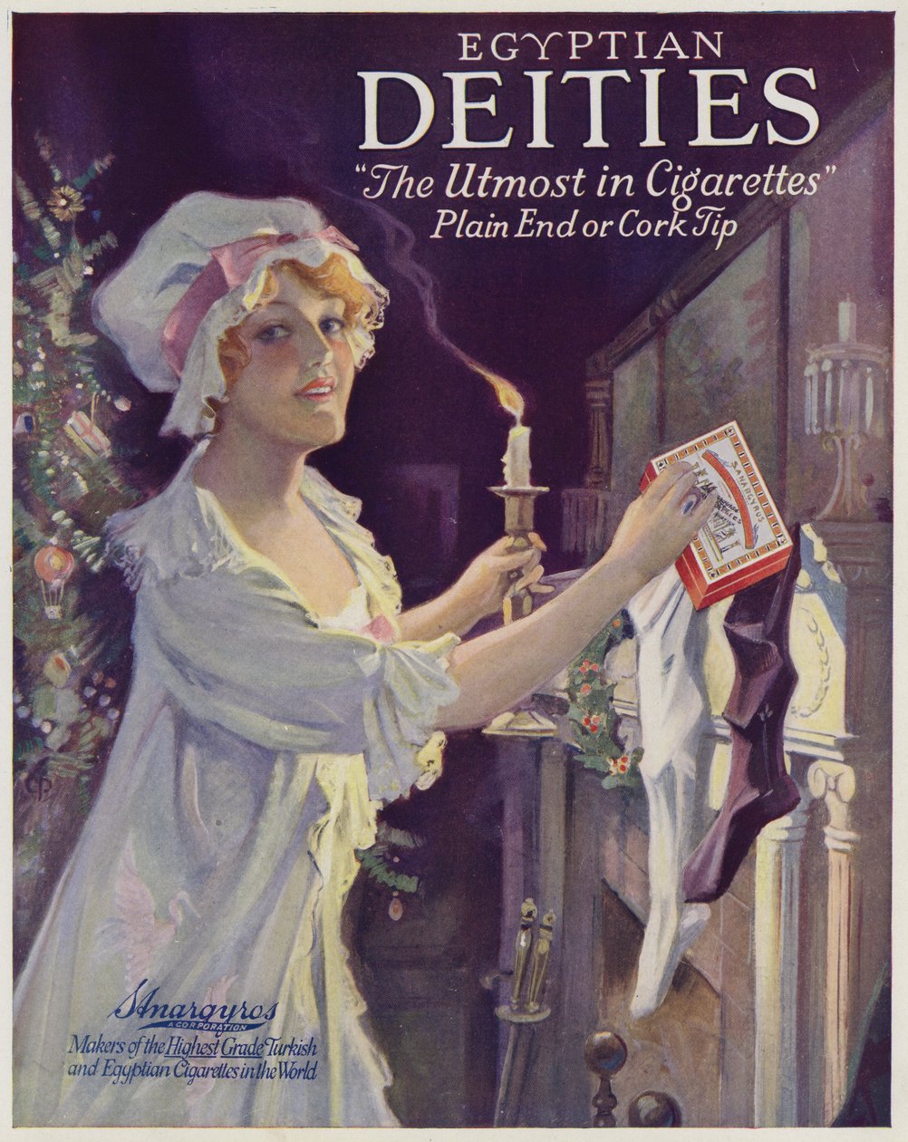 Mulher a colocar cigarros numa meia de Natal, publicidade para cigarros Egyptian Deities (litografia a cores) de American School