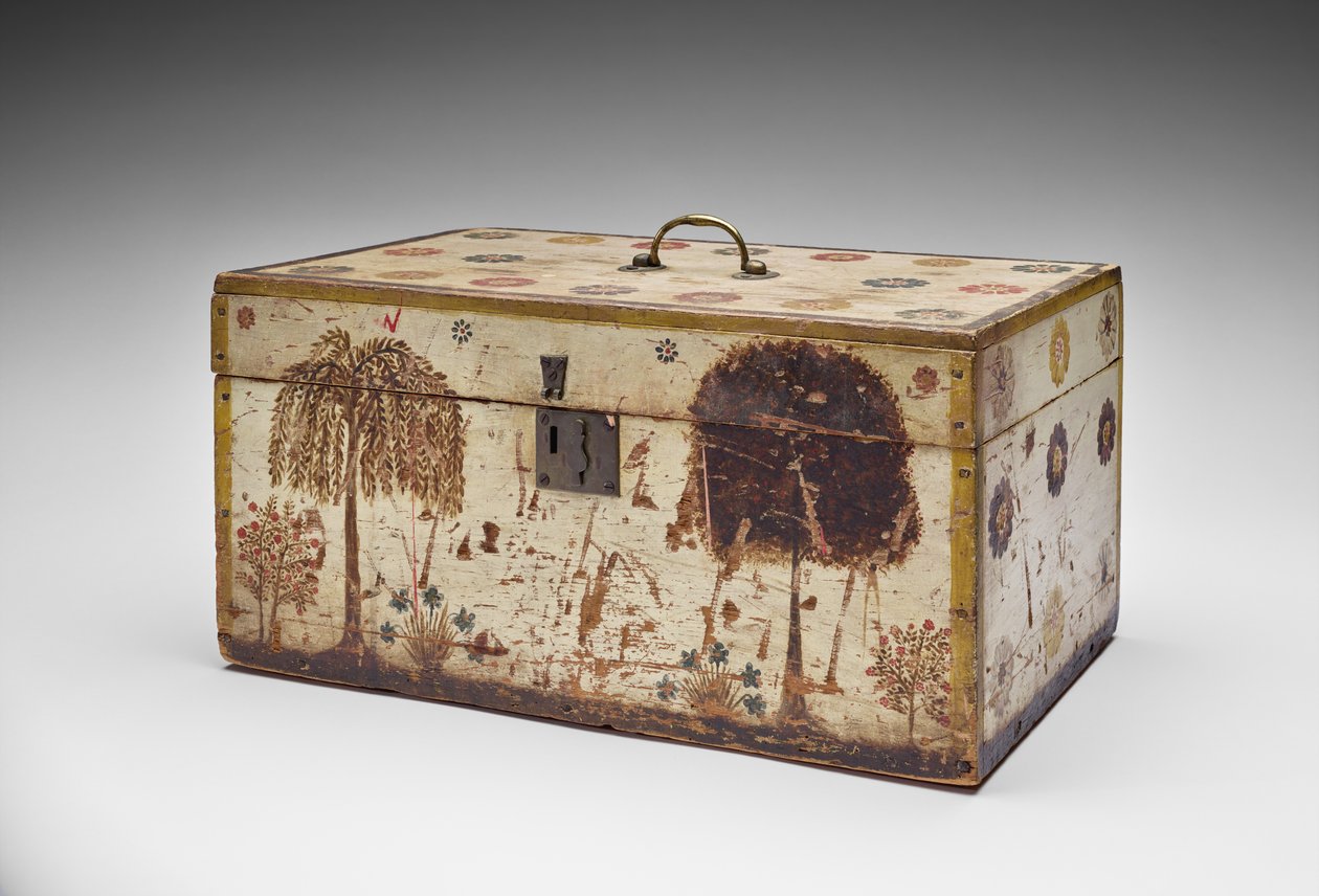 Caixa de trabalho, c.1830-40 (madeira não identificada, metal, veludo, tinta e enchimento de algodão) de American School