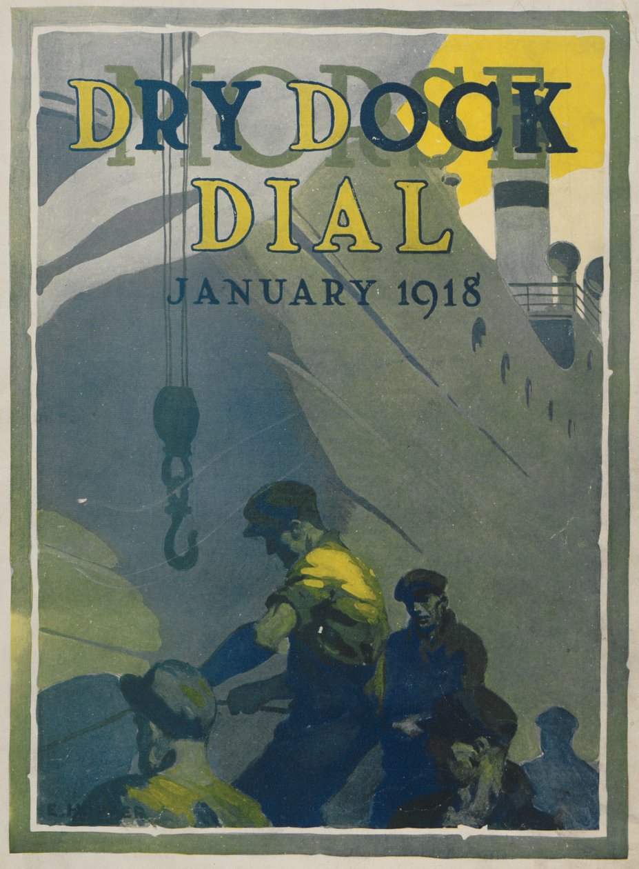 Trabalhadores no estaleiro naval de Morse, capa do Morse Dry Dock Dial, janeiro de 1918 de American School