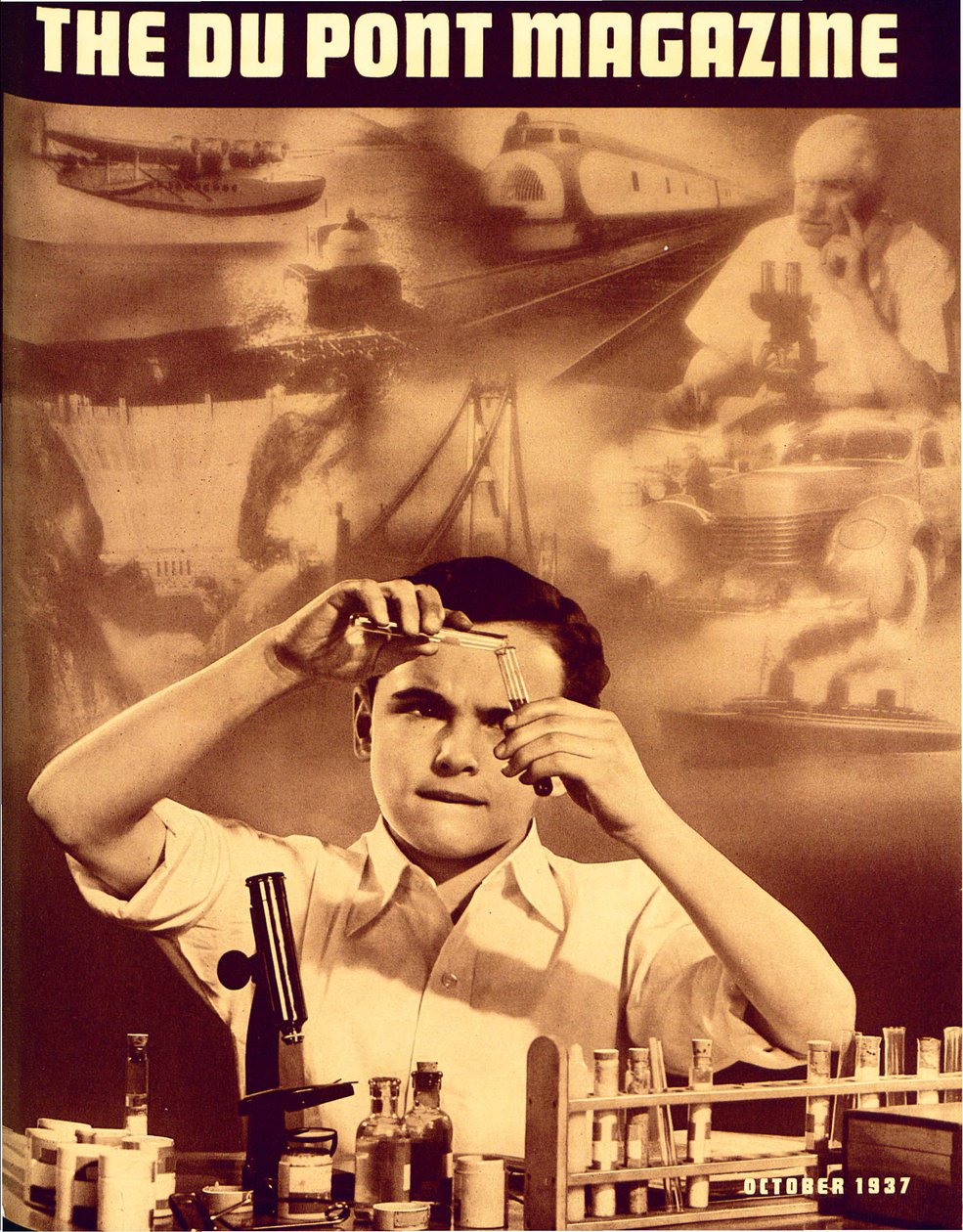Jovem rapaz com conjunto de química, capa da revista DuPont, de outubro de 1937 de American School