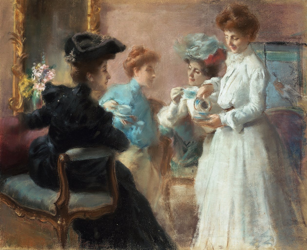 Hora do chá na minha sala na Via Senato, de Amerino Cagnoni (1853-1923), pastel sobre papel montado sobre tela, 48x56,5 cm de Amerino Cagnoni