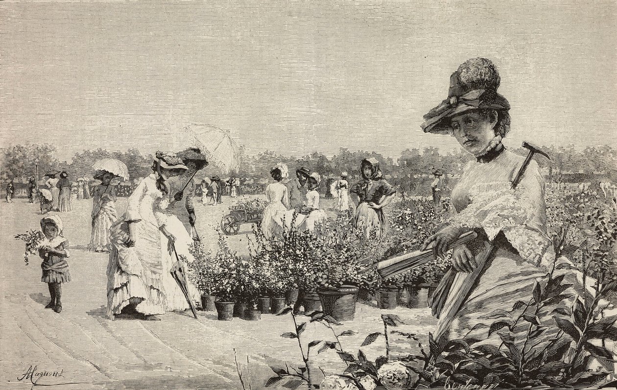 Mulheres a caminhar em Brera, Milão, Itália, gravura do quadro Maggio (Maio) de Amerino Cagnoni (1853-1923), de L