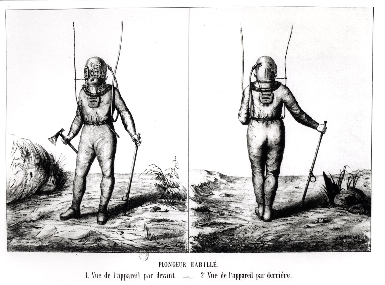 Deep Sea Diver, ilustração de Scuba, Cabirol Plunger Apparatus, por Joseph-Martin Cabirol, publicado Paris 1855 (foto de bw) de Amicar de Lafage