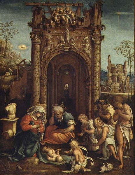 Adoração dos Pastores, c.1530 (óleo sobre painel) de Amico Aspertini