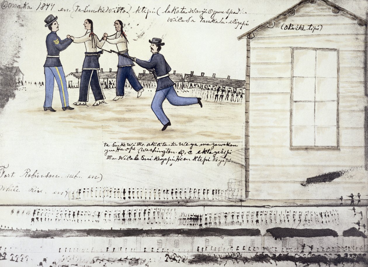 A morte de Crazy Horse (c.1842-77) em 1877, Fort Robinson, Nebraska (tinta no papel) de Amos Bad Heart Buffalo