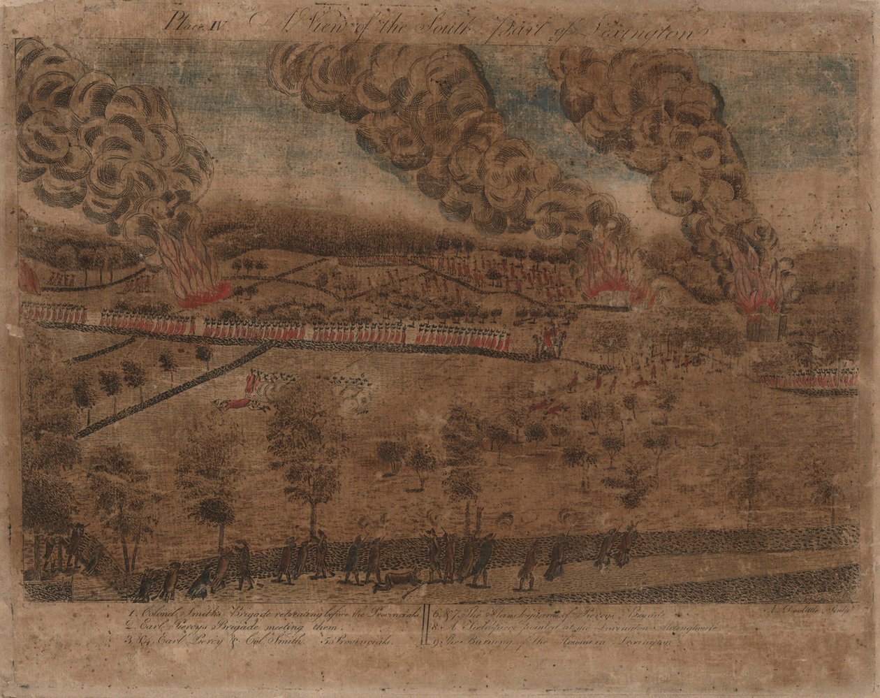As Batalhas de Lexington e Concord: Placa I, A Batalha de Lexington, 19 de abril de 1775. Placa II, Uma Vista da Cidade de Concord. Placa III: O noivado na ponte sul em Concord. Placa IV: A Fiew da parte sul de Lexington. de Amos Doolittle