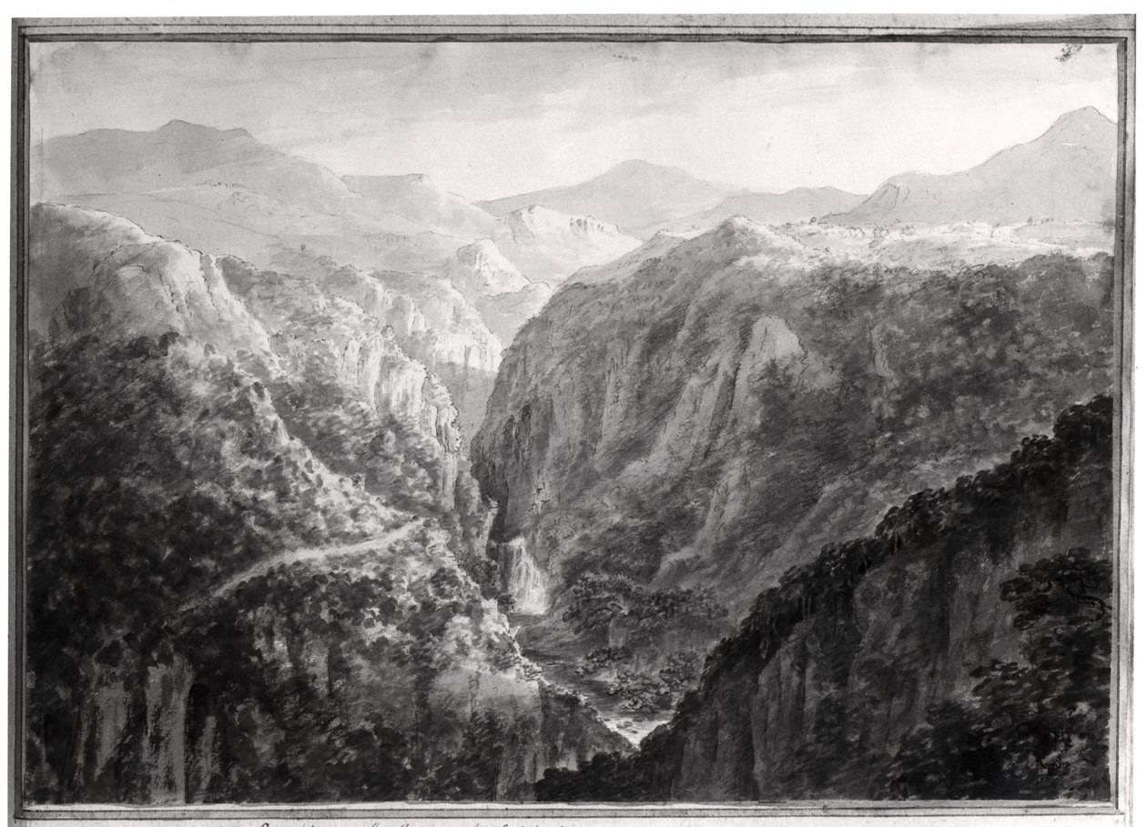 Cena do Inn at Devil&39;s Bridge com a queda do Rhydal, de "vistas em Inglaterra, Escócia e País de Gales", 1804 (lavagem cinzenta sobre grafite em papel tufado) de Amos Green