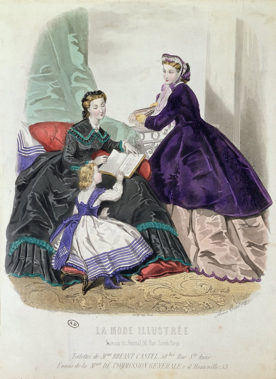 Placa de moda mostrando roupas desenhadas por madame Breant-Castel, de &39;La Mode Illustree&39;, 1864 (gravura a cores) de Anais Toudouze