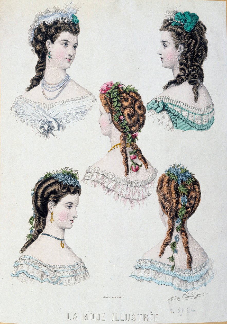 Cinco penteados de mulheres Placa tirada de "La mode illustree" por Anais Coutwelve de Anais Toudouze