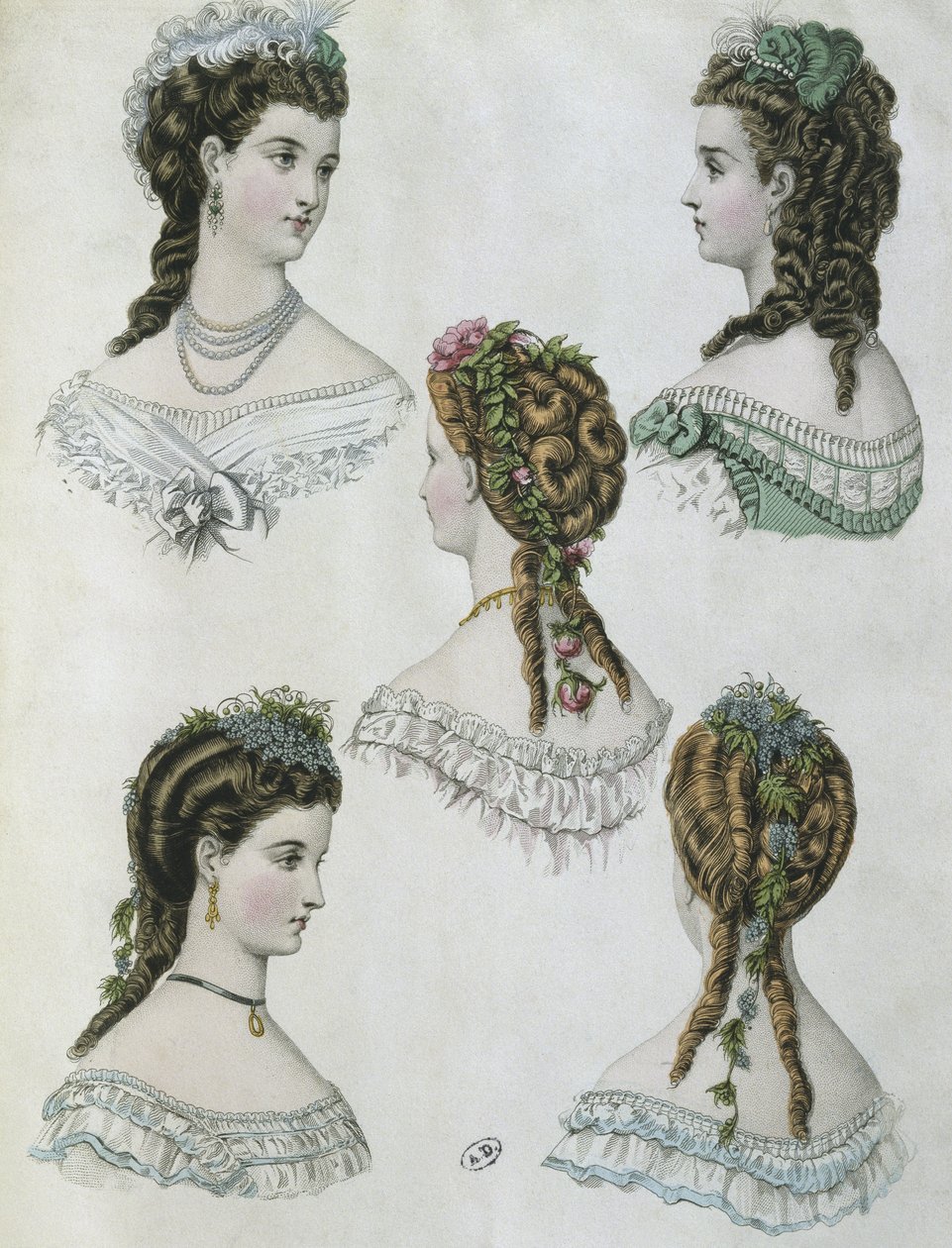 Penteados, ilustração de &39;La Mode illustree&39;, 1860 (gravura a cores) de Anais Toudouze