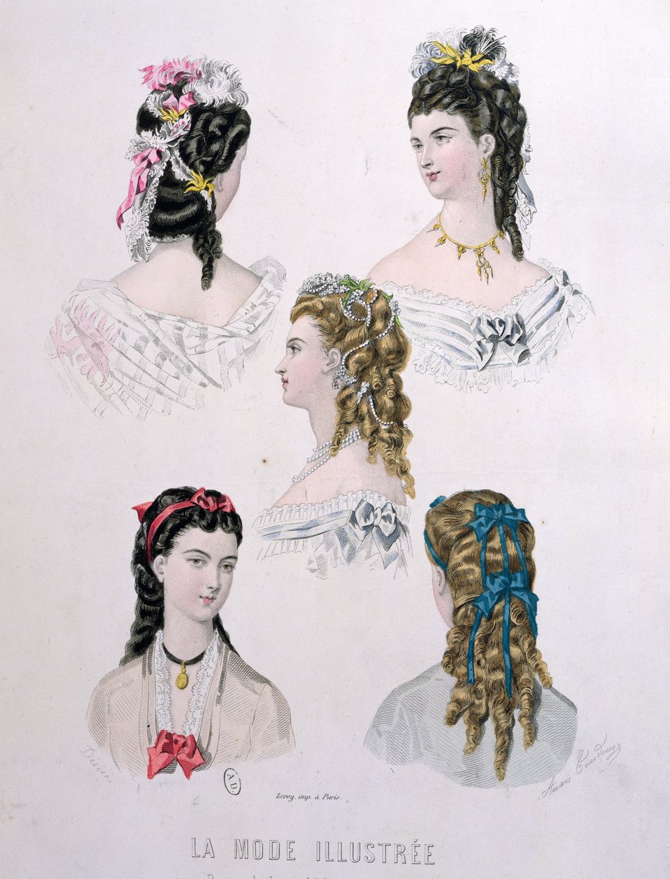 Penteados com fitas, ilustração de &39;La Mode Illustree&39;, 1872 (gravura a cores) de Anais Toudouze