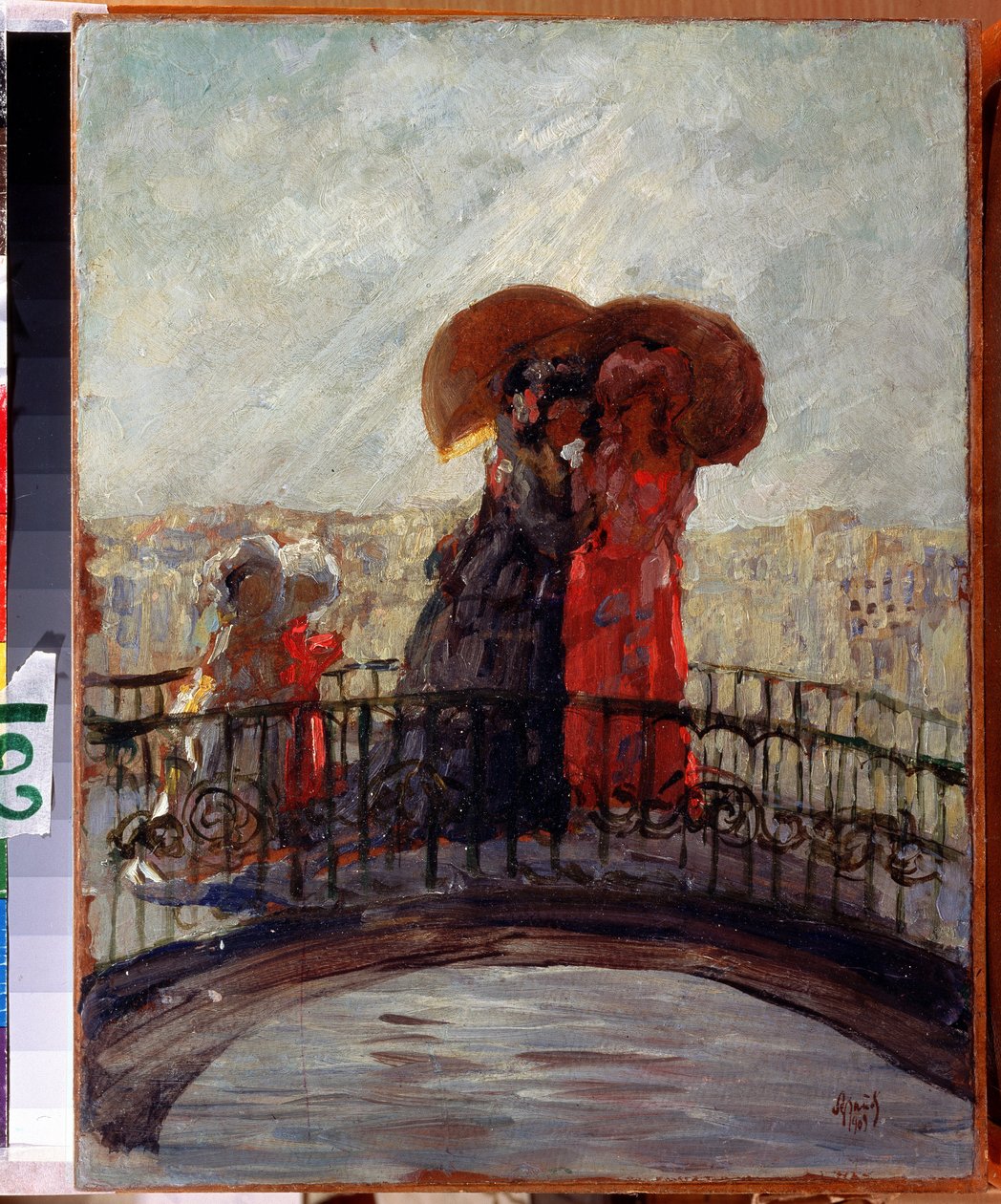 Sob a chuva (Na chuva). Pintura de Anatoli Afanasyevich Arapov (1876-1949). Óleo sobre tela, 36 x 28 cm de Anatoli Afanasyevich Arapov