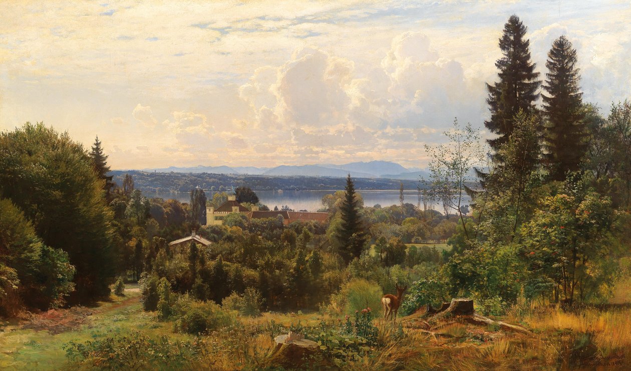 Dia de verão no lago Starnberg, Castelo de Possenhofen em primeiro plano de Anders Andersen Lundby