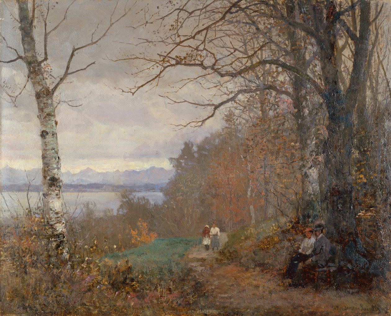 Paisagem de um lago arborizado com figuras sentadas num banco (óleo sobre tela) de Anders Andersen-Lundby