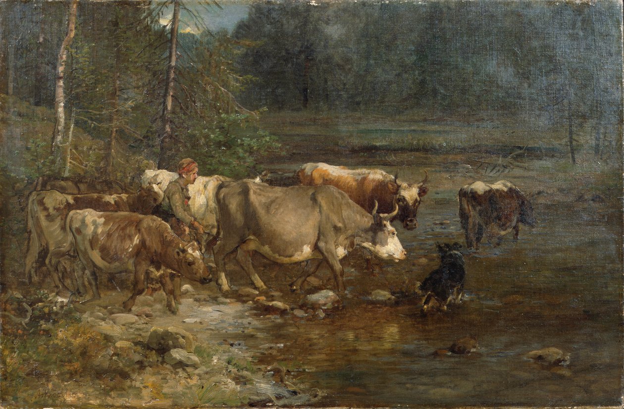 Leiteira e vacas no posto de água (pintura) de Anders Askevold