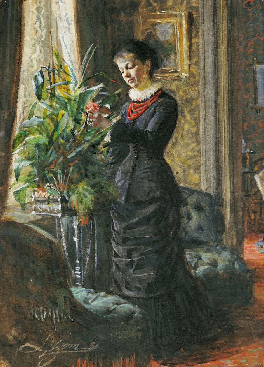 Retrato de Fru Lisen Samson, nee Hirsch, arranjando flores em uma janela, 1881 de Anders Leonard Zorn