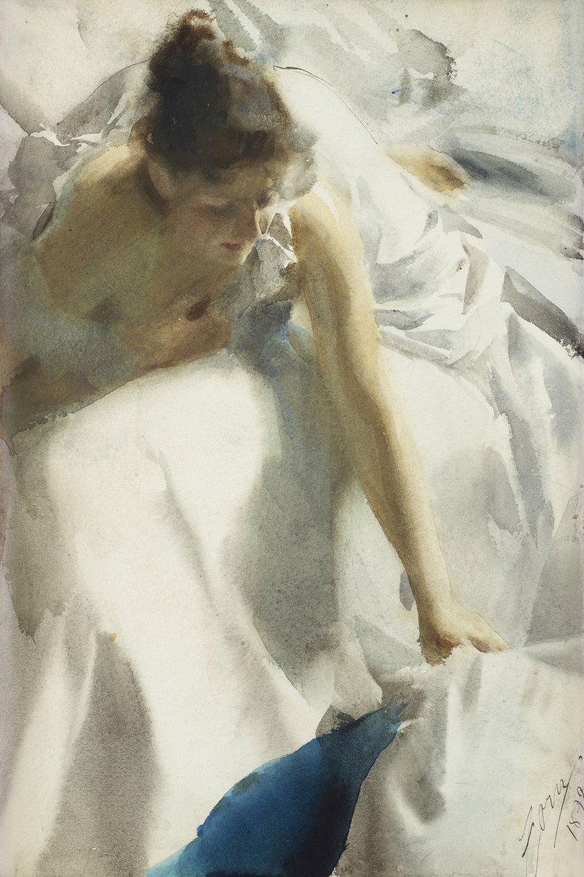 "Reveil, boulevard Clichy, Paris" (Despertar, Boulevard Clichy) Jeune fille en neglige - Aquarelle de Anders Leonard Zorn (1860-1920) 1892 Coleção privee de Anders Leonard Zorn