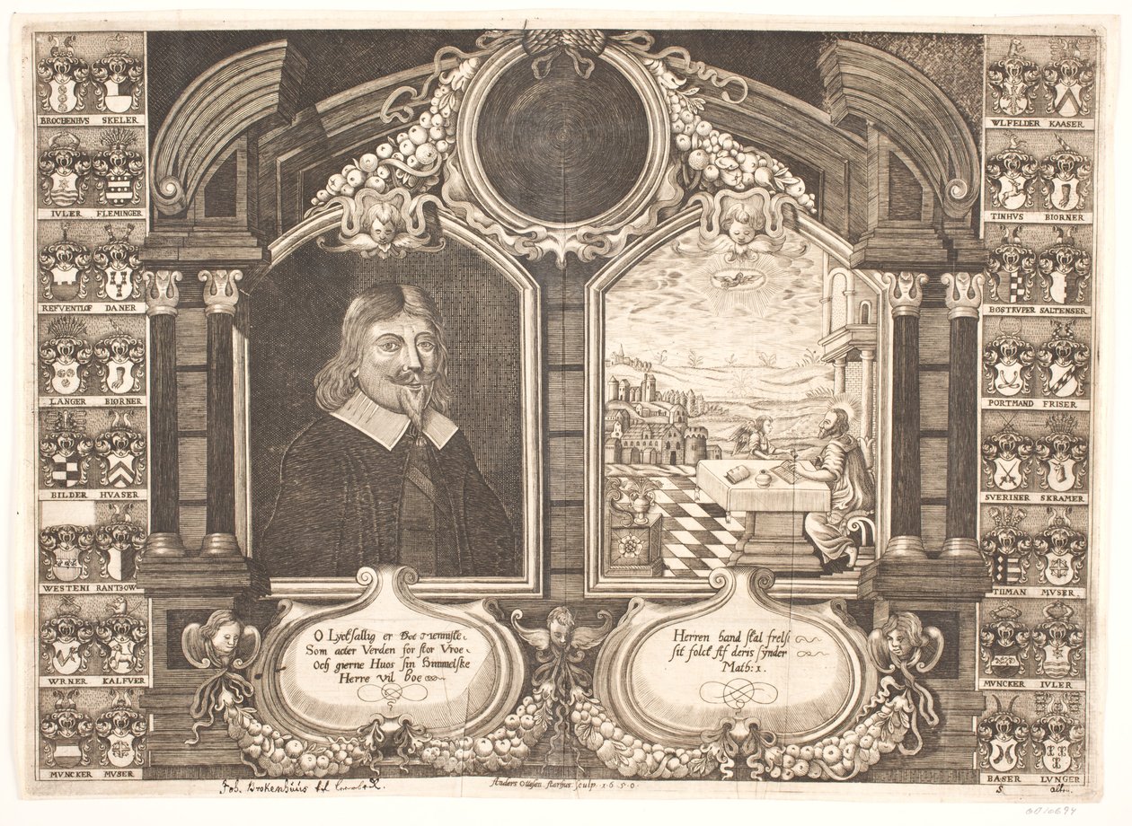Johan Brockenhuus e cena com o evangelista Matthew. Para o sermão fúnebre de Anders Ottesen