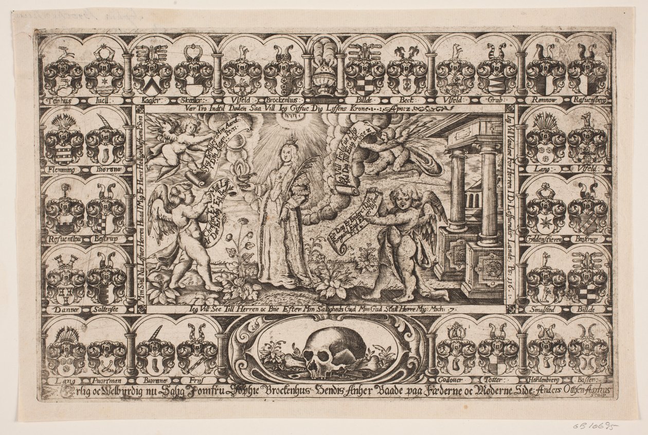 Sophie Brockenhuus e quatro gênios, cercados por escudos. Do sermão fúnebre de Anders Ottesen