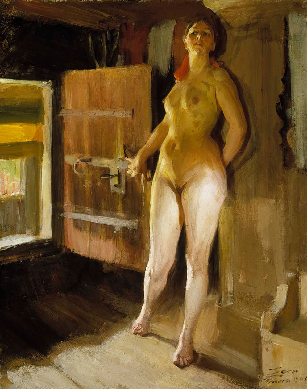 À porta do sótão; rapariga no sótão de Anders Zorn